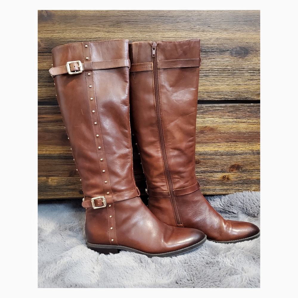 Vince Camuto Knee High Boots w/gold detail Size 8 Color: Cognac